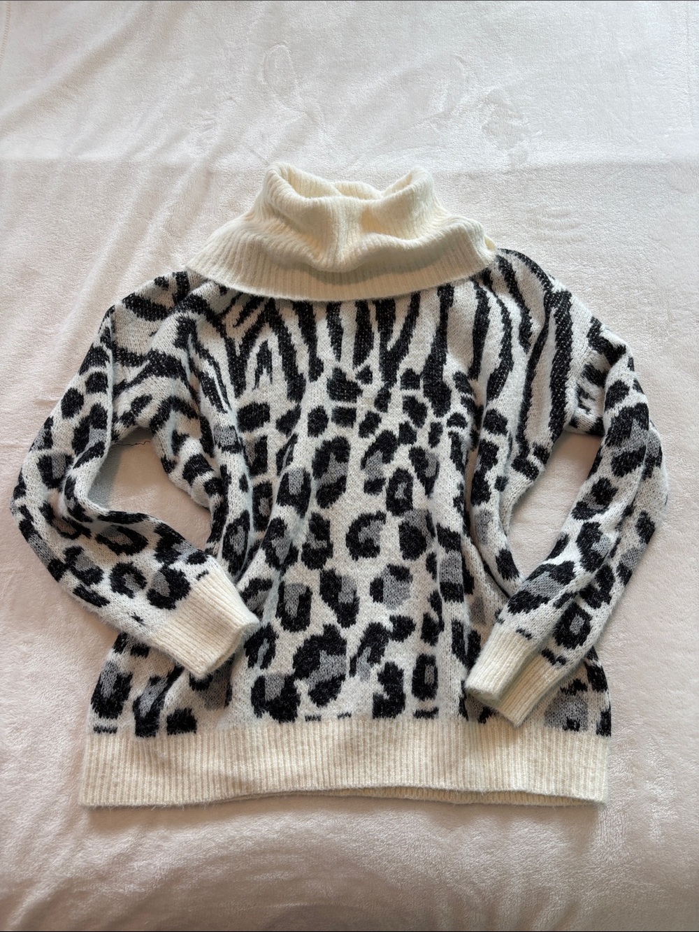 new directions Cream and Black Animal-Print Cowl Neck Sweater